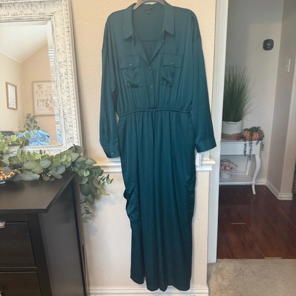 Express Deep Teal Button-Up Jumpsuit XL - Picture 9 of 12